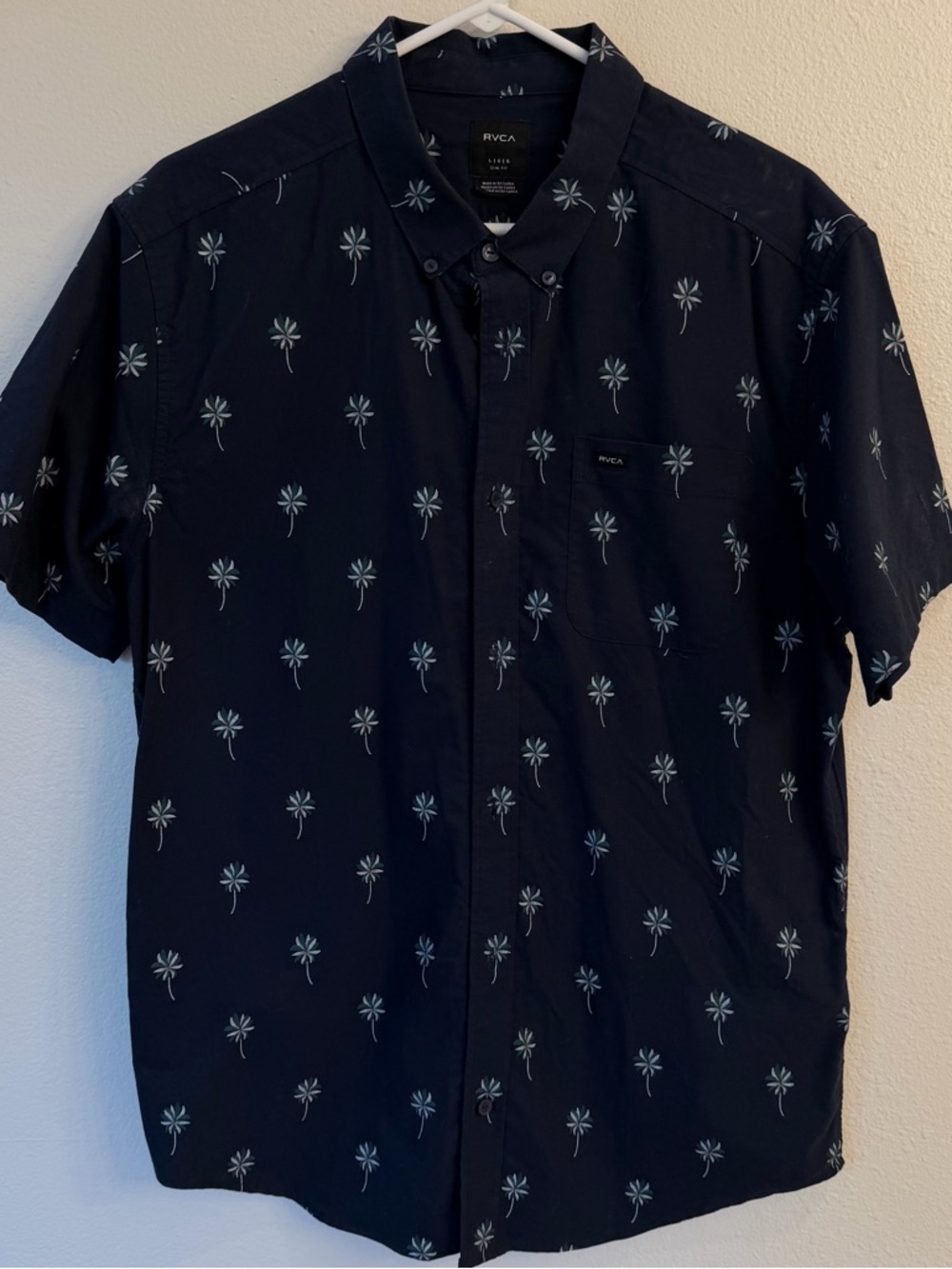 RVCA Navy Short-Sleeve Button-Up Shirt with Light Palm Print